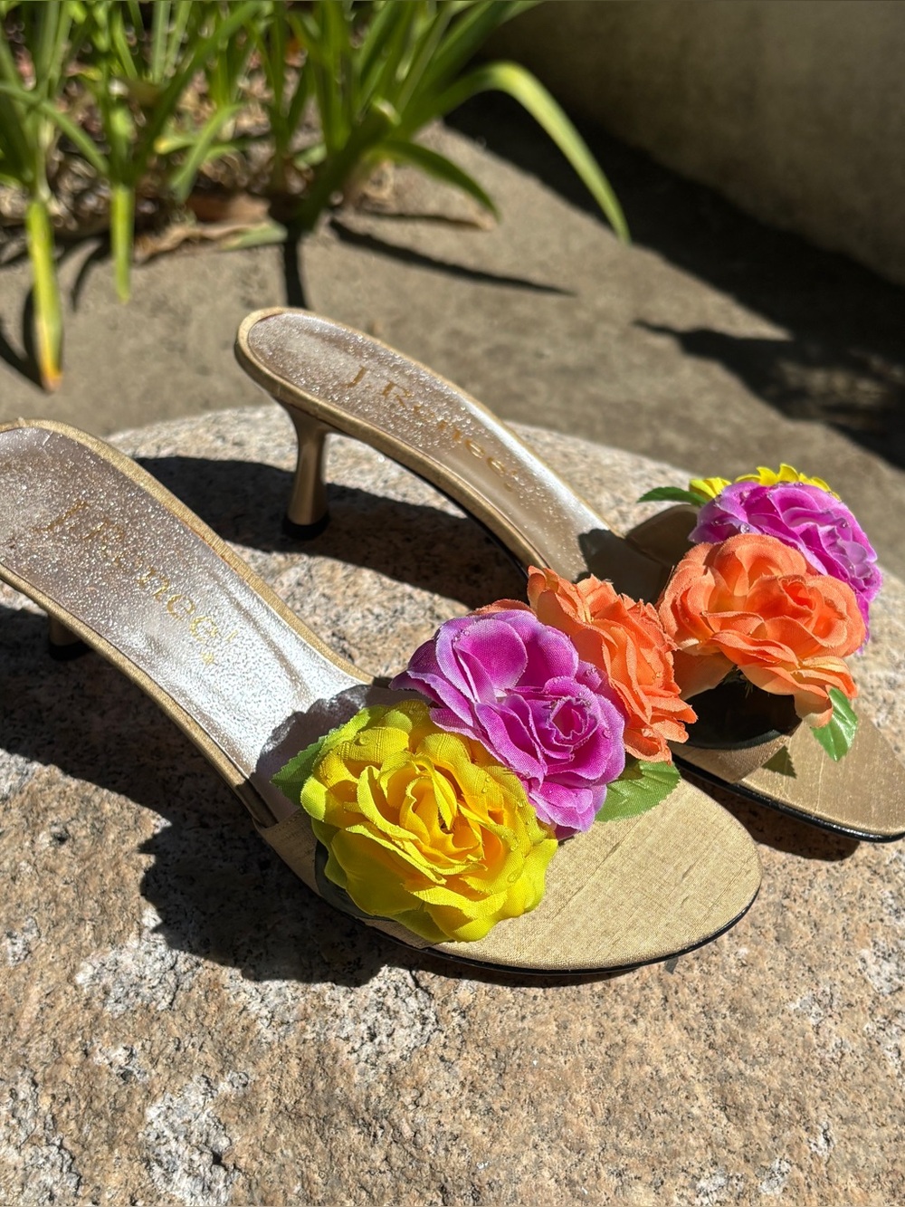 Women’s Size 8.5.  J. Renee Gold Floral Slide Heels with Multicolor Flowers
